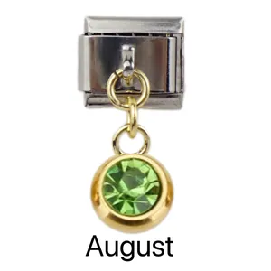 Detail of 9mm Italian modular charm bracelet link with August peridot gemstone in gold frame