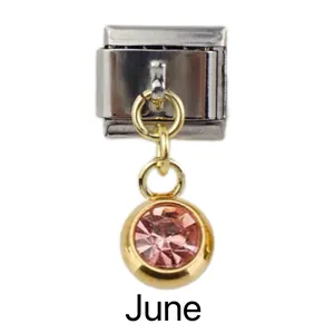 Detailed view of Italian charm with June birthstone and gold finish hanging pendant