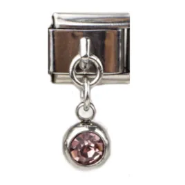 Close-up of silver Italian charm link with a round pink crystal birthstone pendant