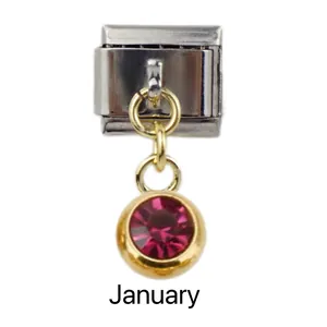 Detailed view of Italian charm link with January birthstone crystal pendant in gold frame