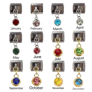 Italian Charm Link Birthstone Dangle Pendant Stainless Steel DIY Modular Bracelet Accessory Gold Silver Plated Jewelry For Women Men