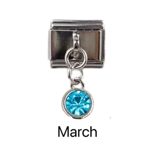 Italian charm link with March birthstone blue rhinestone in stainless steel