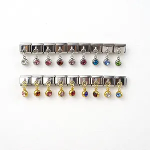 Italian modular charm bracelets with silver and gold links and colorful birthstone pendants