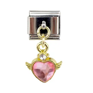 Detail showing Italian style pink heart with wings charm on a stainless steel link