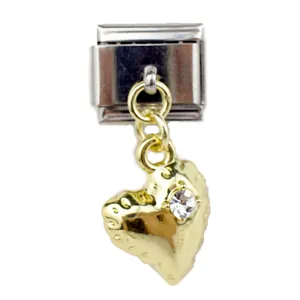 Italian charm link with gold heart pendant and crystal inlay on stainless steel base