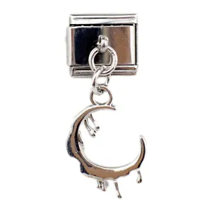 Italian style silver stainless steel link charm featuring a unique melting moon pendant