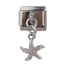 Detailopname van Italiaanse modulaire charm met sprankelende zeester-hanger in zilver