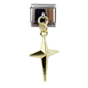 Detail of Italian charm link featuring silver base and golden four-point star pendant
