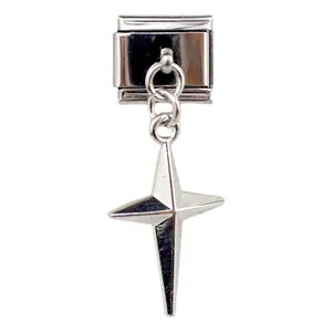 Detail of a stainless steel Italian charm bracelet link with a hanging North Star pendant