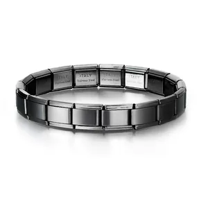Detail of Italian modular links showing Italy and stainless steel engraving