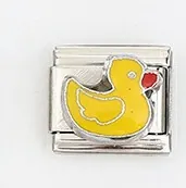 Eslabón de charm italiano en acero inoxidable con colgante de patito amarillo detallado