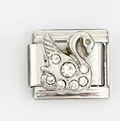 Detalle de eslabón para pulsera italiana con motivo de cisne plateado y cristales