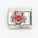 Italian charm bracelet link in stainless steel with a red enamel crab charm design