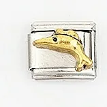 Close-up of stainless steel modular charm link with a golden dolphin design