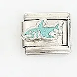 Macro detail of a stainless steel shark charm link for Italian modular bracelets