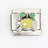 Macro view of Italian charm link featuring a colorful enamel crab on stainless steel