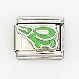 Macro detail of stainless steel Italian charm link with green sea turtle enamel design