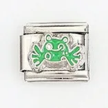 Macro shot of a stainless steel Italian charm link with a green enamel frog design