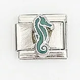 Close-up of a teal seahorse charm link for stainless steel modular Italian bracelets