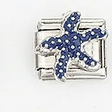 Detail of blue starfish charm link for Italian modular bracelets in stainless steel
