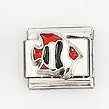 Macro detail of stainless steel Italian charm link with colorful tropical fish design