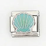 Macro shot of Italian stainless steel charm link featuring a blue shell design for bracelets