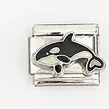 Detail of stainless steel Italian charm bracelet link with black and white orca enamel
