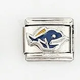 Detailed macro view of a modular stainless steel charm link with a blue and yellow fish design