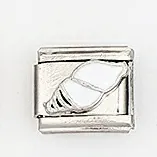 Macro detail of Italian charm bracelet link with white seashell motif in stainless steel