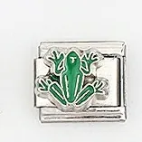 Detailed shot of Italian charm link featuring green enamel frog on stainless steel