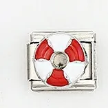 Macro detail of stainless steel Italian charm link with red and white lifesaver design