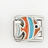 Macro view of an Italian charm link featuring a tropical fish design on stainless steel