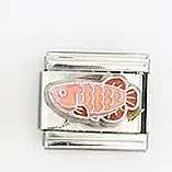 Macro detail of Italian modular charm link featuring orange fish enamel design