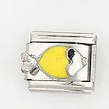 Detailed view of Italian charm link featuring a yellow enamel fish design on silver metal