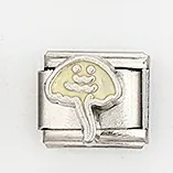 Detail view of Italian charm link featuring a cream enamel cartoon mushroom design