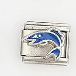 Macro shot of stainless steel Italian charm link with blue enamel fish design