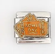 Macro shot of a stainless steel charm link featuring orange Admit One movie tickets