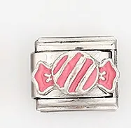 Detail of Italian charm link featuring pink enamel candy on stainless steel