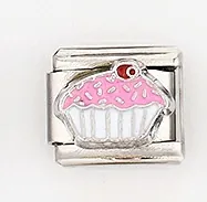 Italian modular charm featuring an enamel cupcake design with pink frosting and cherry