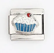 Close-up of Italian charm link featuring a colorful enamel cupcake with red cherry on top