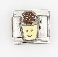 Close-up of Italian charm link with enamel cartoon drink design in stainless steel