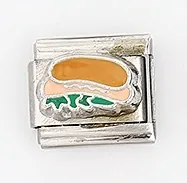 Detail of Italian style stainless steel charm link featuring a colorful hot dog enamel design