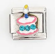Italian charm bead showing a pink enamel cake with blue rhinestones and a candle