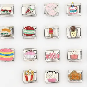 Italian Style Stainless Steel Modular Bracelet Charm Link Colorful Enamel Food Cake Popcorn DIY Jewelry Link For Unisex