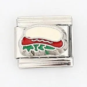 Italian style modular charm bracelet link featuring a colorful hot dog enamel design