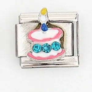 Italian modular charm in stainless steel with enamel birthday cake and blue rhinestones