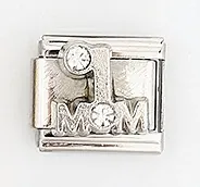 Detail of silver stainless steel charm featuring 1 MOM engraving and clear crystals