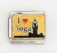 Detail of Italian charm link featuring I love Yoga text with heart and silhouette