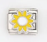 Detail of Italian charm bracelet link featuring a yellow sunflower on stainless steel