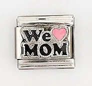 Macro view of stainless steel Italian charm with We MOM text and pink heart